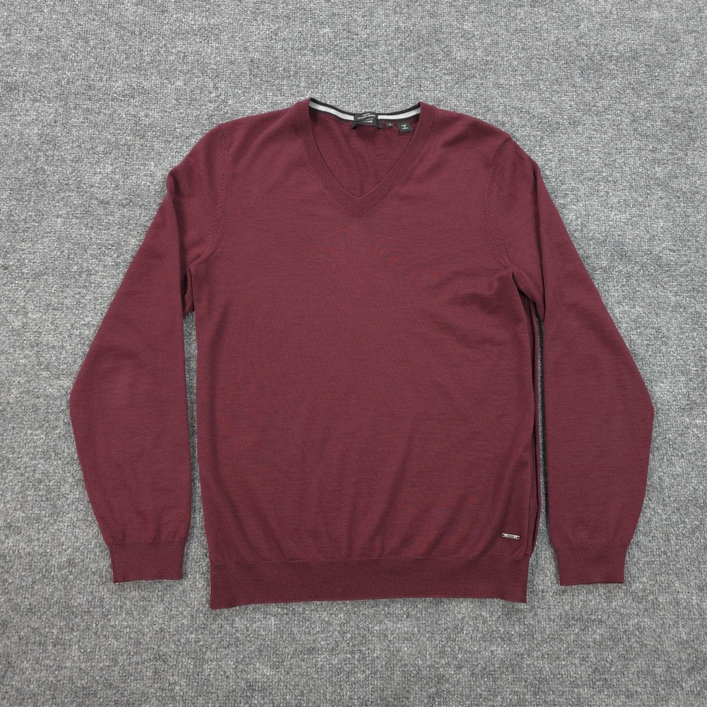 Hugo Boss Sweater Mens Large Red 100% Merino Wool V‎ Neck Pullover Slim Fit Prep
